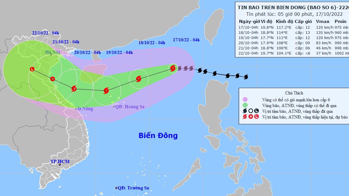 Dự báo: Bão số 6 di chuyển theo hướng Tây, gió vùng tâm bão giật cấp 14, sóng biển cao  8,0-10,0m