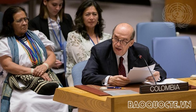 Bộ trưởng Bộ Ngoại giao Colombia Álvaro Leyva phát biểu trước Hội đồng Bảo an Liên hợp quốc về hòa bình ở Colombia. (Nguồn: Bộ Ngoại giao Colombia) Bộ trưởng Bộ Ngoại giao Colombia Álvaro Leyva phát biểu trước Hội đồng Bảo an Liên hợp quốc về hòa bình ở Colombia. (Nguồn: Bộ Ngoại giao Colombia)