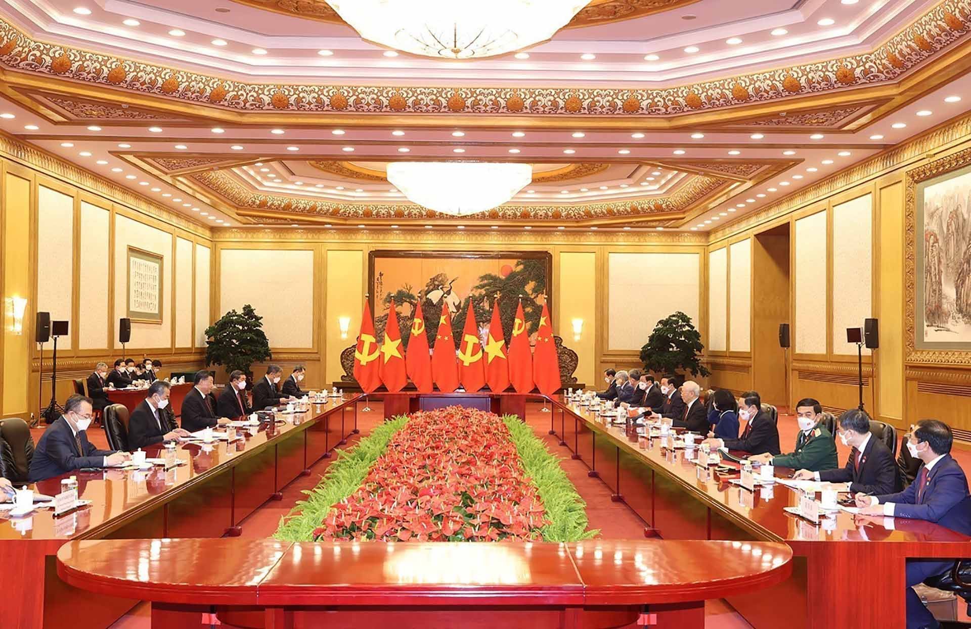 Tổng Bí thư Nguyễn Phú Trọng hội đàm với Tổng Bí thư, Chủ tịch Trung Quốc Tập Cận Bình. (Nguồn: TTXVN)