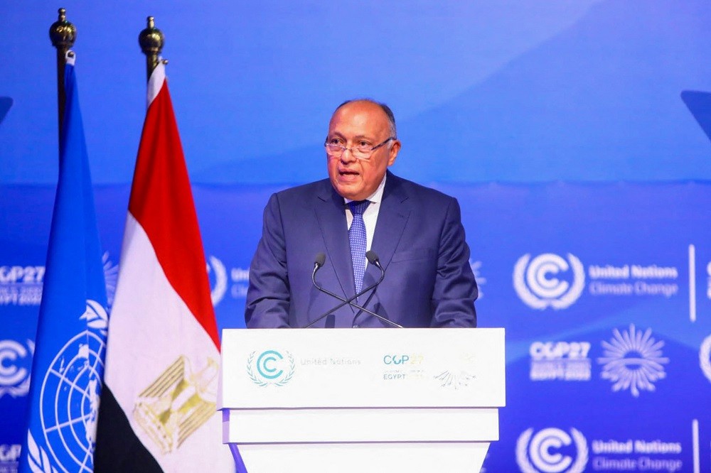 (11.06) Chủ tịch COP27, Ngoại trưởng Ai Cập Sameh Shoukry phát biểu tại lễ khai mạc COP27. (Nguồn: AFP)