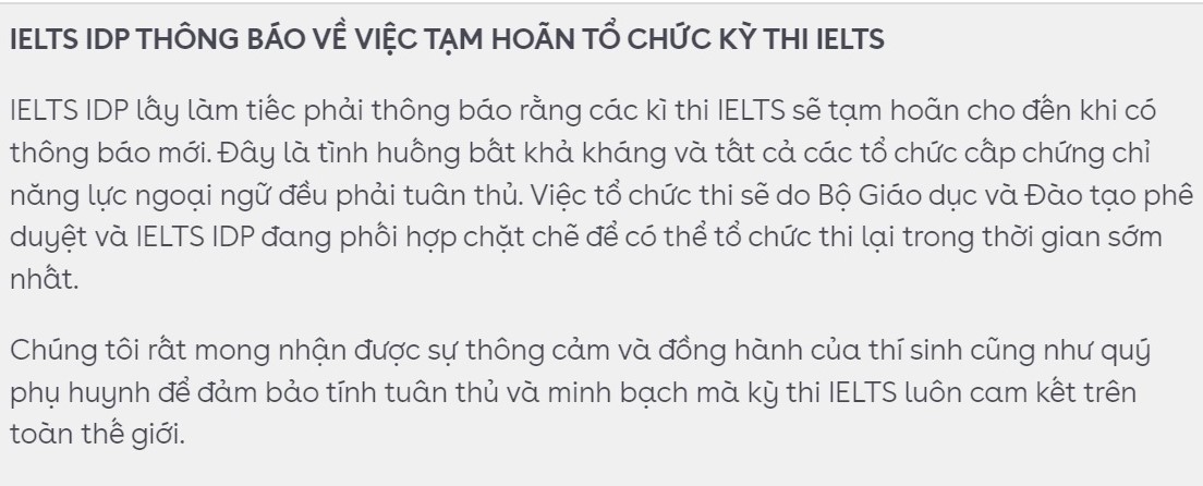 Sau Hội đồng Anh, IDP cũng thông báo tạm hoãn kỳ thi IELTS