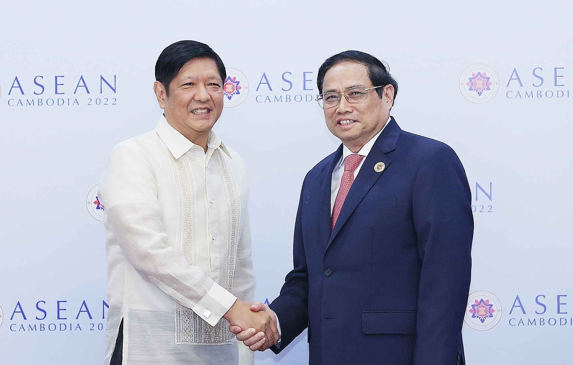 Thủ tướng Phạm Minh Chính và Tổng thống Philippines Ferdinand Romualdez Marcos. (Nguồn: TTXVN) Thủ tướng Phạm Minh Chính và Tổng thống Philippines Ferdinand Romualdez Marcos. (Nguồn: TTXVN)