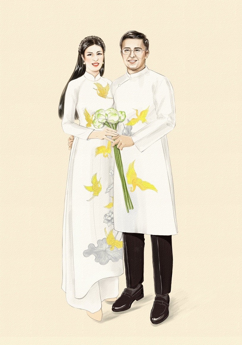 Áo dài đám ăn hỏi vợ chồng Hoa hậu Ngọc Hân do cô dâu tự thiết Áo dài đám ăn hỏi vợ chồng Hoa hậu Ngọc Hân do cô dâu tự thiết