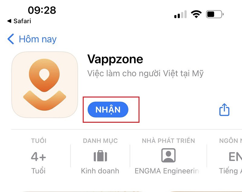 Nhấn chọn “Nhận” để tải ứng dụng về máy