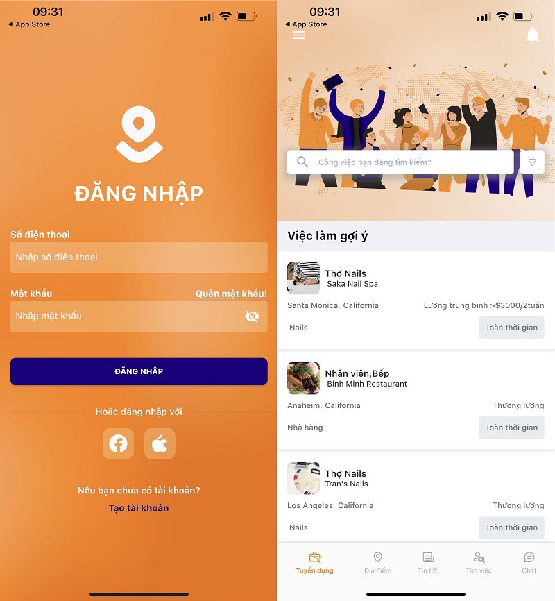 Đăng nhập bằng Facebook hoặc số điện thoại để bắt đầu tuyển dụng, ứng tuyển và chọn việc làm