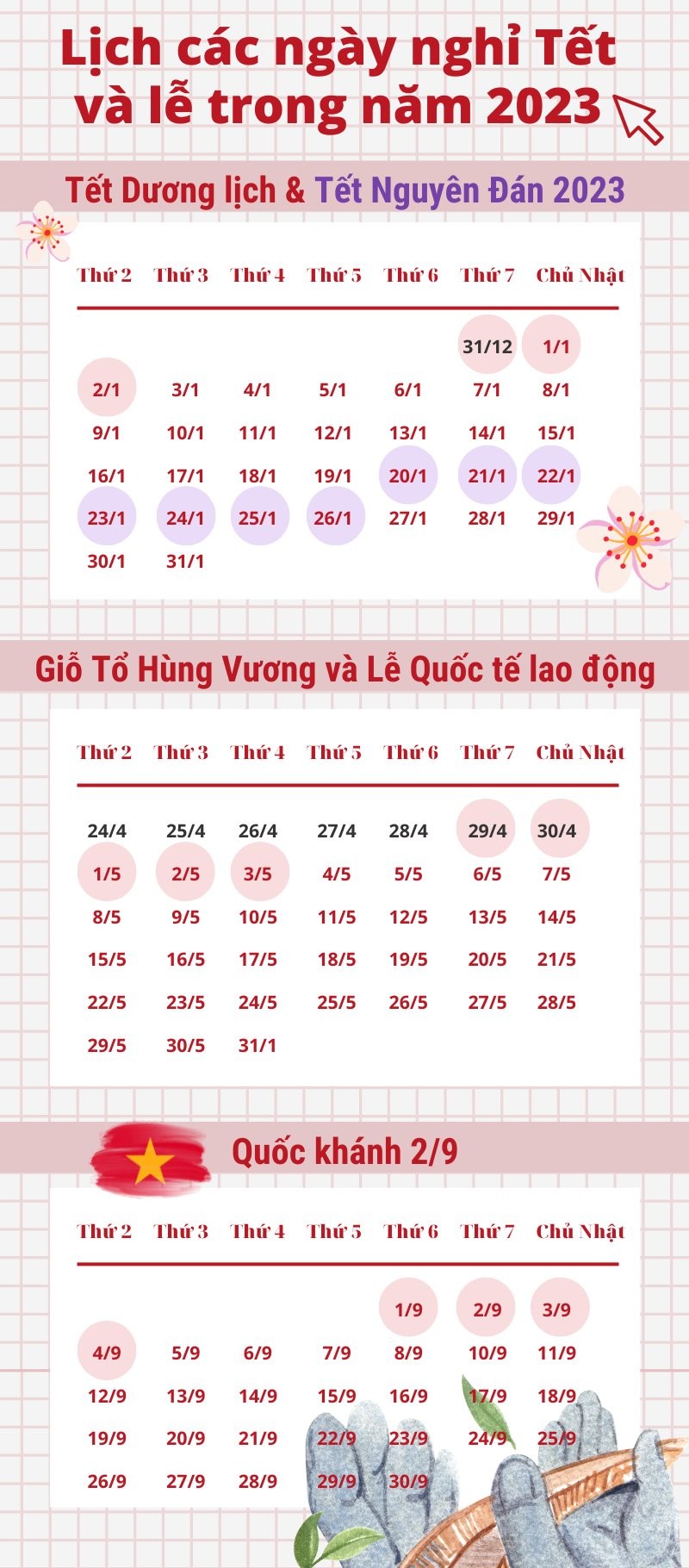 Điểm danh những ngày nghỉ lễ và Tết trong năm 2023