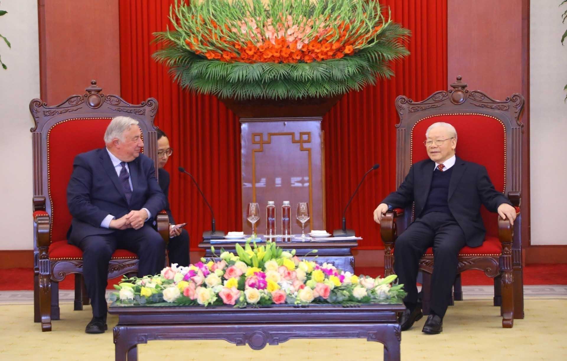 Tổng Bí thư Nguyễn Phú Trọng tiếp Chủ tịch Thượng viện Cộng hòa Pháp Gérard Larcher. (Nguồn: TTXVN)