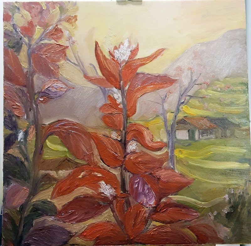 3.	Tác phẩm Hoa cây Chàm Đỏ- Thêm sắc Xuân Tây Bắc- Họa sĩ Minh Hòa. (Ảnh: Mạnh Cường)