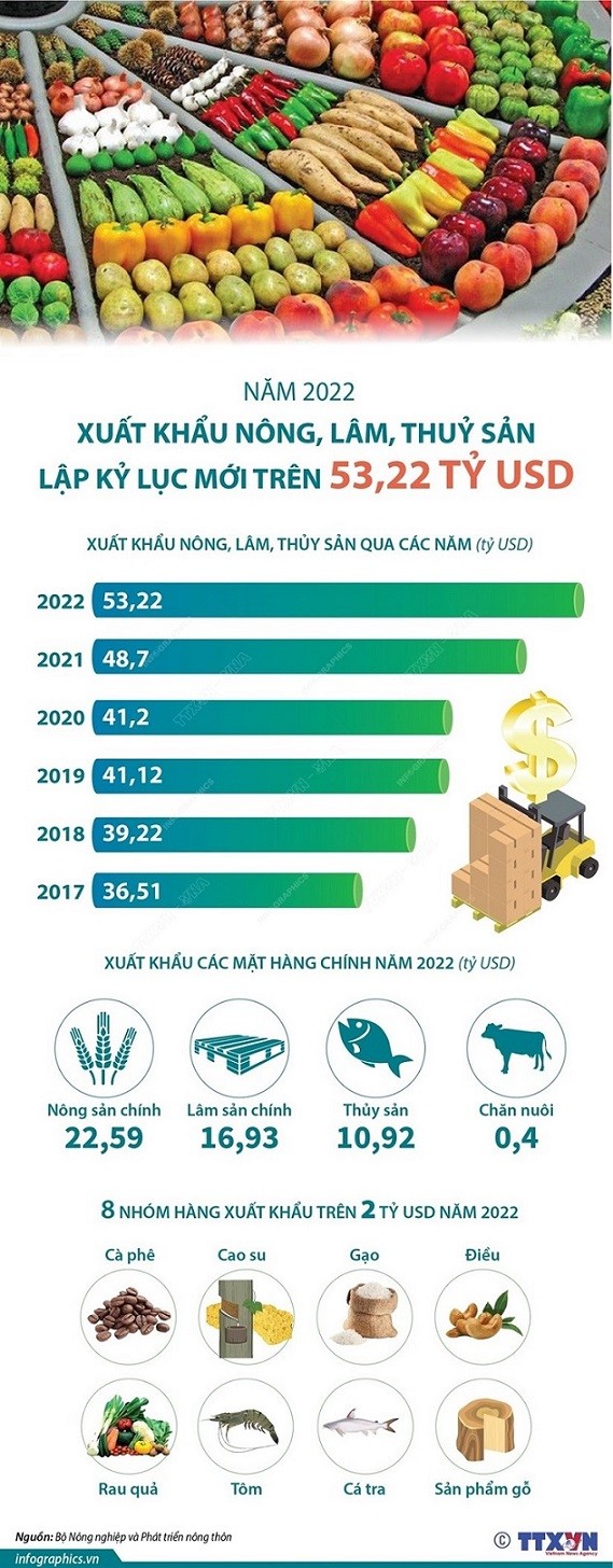 Năm 2022: Xuất khẩu nông, lâm, thủy sản của Việt Nam đạt hơn 53 tỷ USD