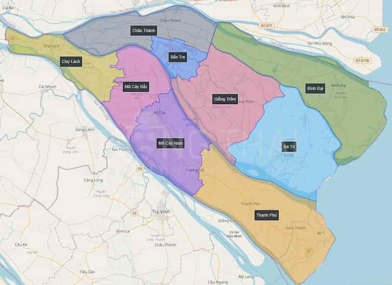 Vị trí hành chính Bến Tre. (Nguồn: Meeymap)