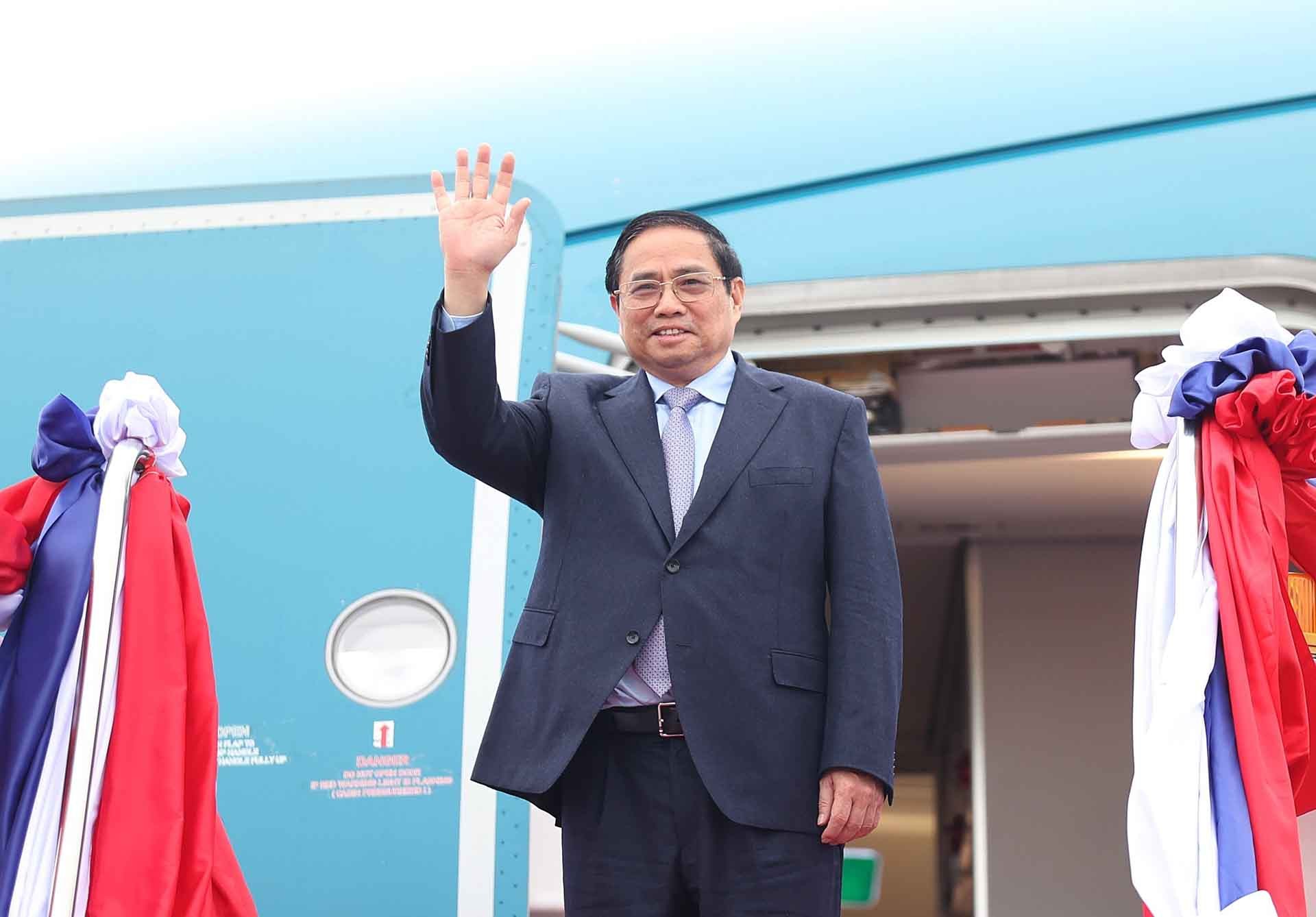 Thủ tướng Phạm Minh Chính đến thủ đô Vientiane (Lào). (Nguồn: TTXVN) Thủ tướng Phạm Minh Chính đến thủ đô Vientiane (Lào). (Nguồn: TTXVN)