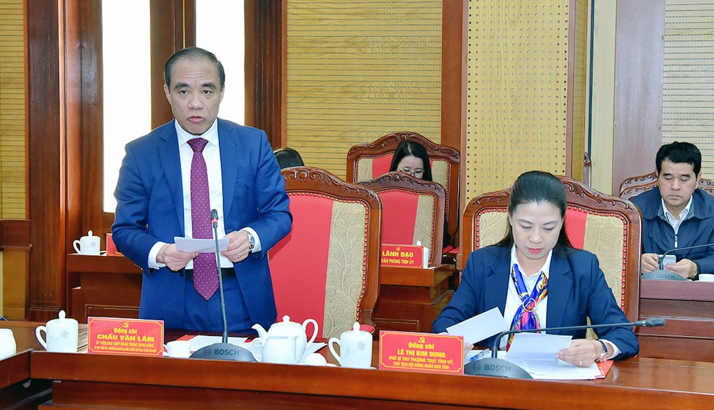 Bí thư Tỉnh ủy, Trưởng Đoàn đại biểu Quốc hội tỉnh Chẩu Văn Lâm phát biểu tại buổi làm việc. Ảnh: ĐBND/Lâm Hiển