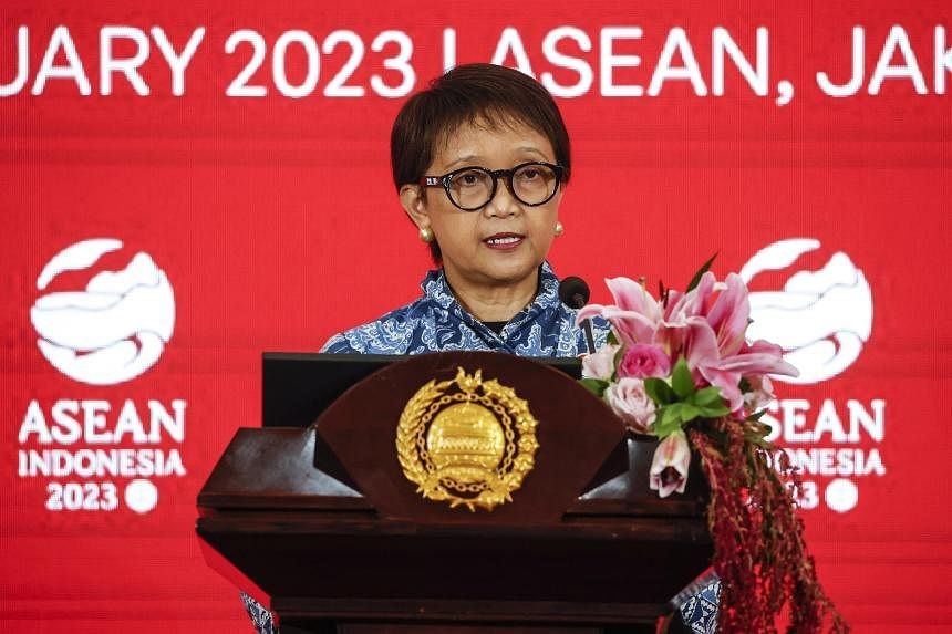 Indonesia's Foreign Minister Retno Marsudi delivers a press statement after the ASEAN Foreign Ministers Retreat in Jakarta, on Feb 4, 2023. PHOTO: EPA-EFE Indonesia's Foreign Minister Retno Marsudi delivers a press statement after the ASEAN Foreign Ministers Retreat in Jakarta, on Feb 4, 2023. PHOTO: EPA-EFE