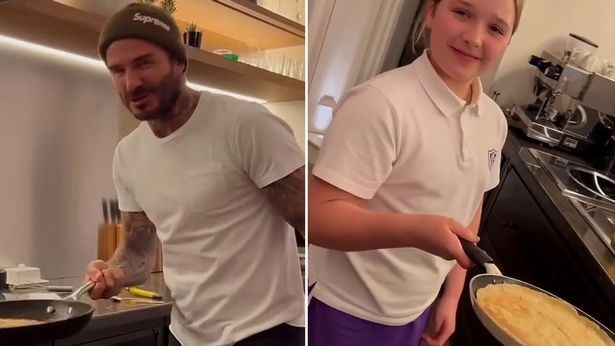 Tài lật bánh pancake David Beckham, cậu cả Brooklyn và con gái út Harper