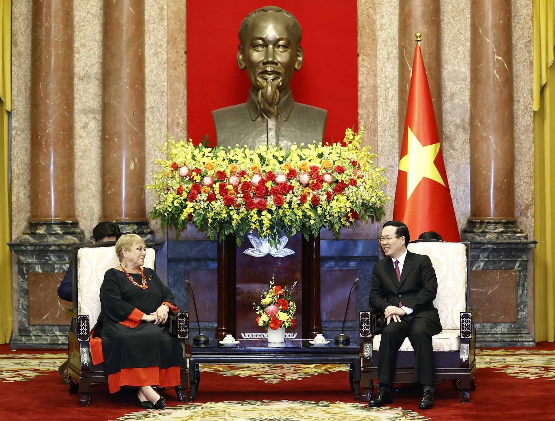 Chủ tịch nước Võ Văn Thưởng tiếp nguyên Tổng thống Chile Michelle Bachelet. (Nguồn: TTXVN) Chủ tịch nước Võ Văn Thưởng tiếp nguyên Tổng thống Chile Michelle Bachelet. (Nguồn: TTXVN)