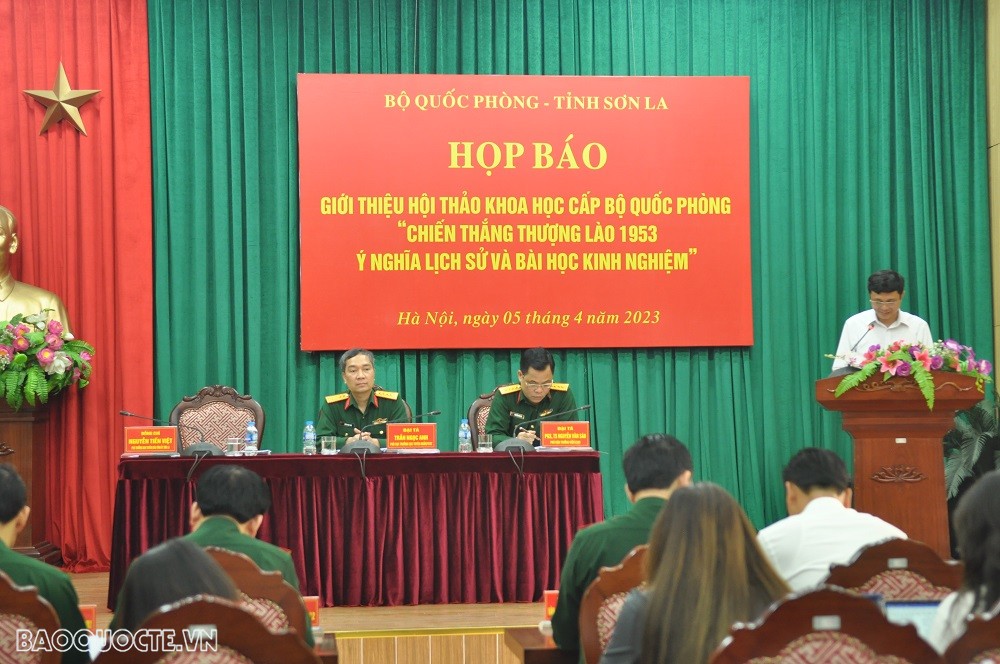 (04.05) Họp báo về Hội thảo khoa học cấp Bộ Quốc phòng về 70 năm Chiến thắng Thượng Lào năm 1953. (Ảnh: Minh Quân) (04.05) Họp báo về Hội thảo khoa học cấp Bộ Quốc phòng về 70 năm Chiến thắng Thượng Lào năm 1953. (Ảnh: Minh Quân)