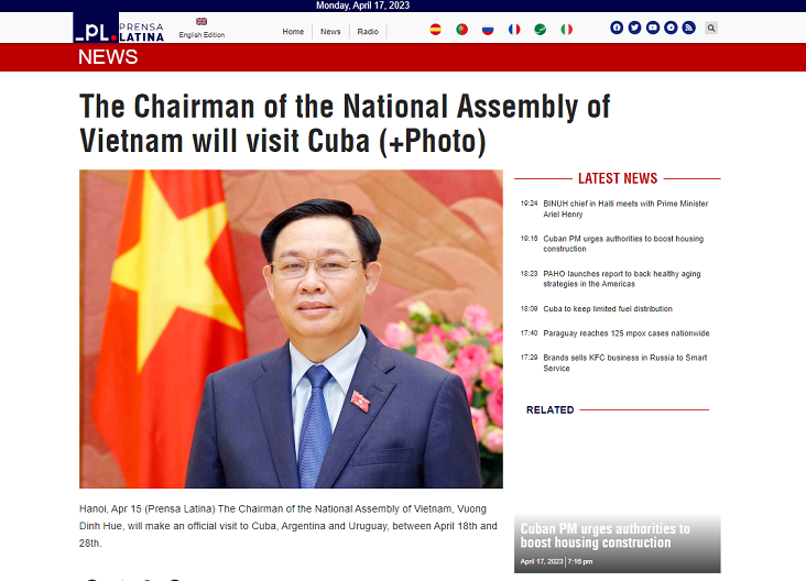 Tờ Prensa Latina đưa tin về chuyến thăm của Chủ tịch Quốc hội Vương Đình Huệ. (Ảnh chụp màn hình)