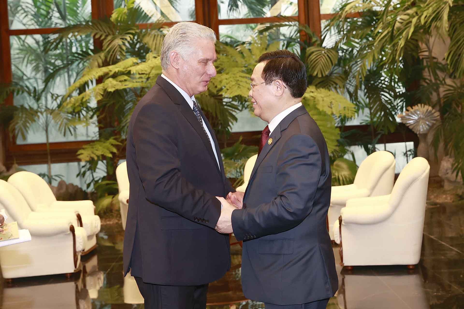 Chủ tịch Quốc hội Vương Đình Huệ hội kiến Bí thư thứ nhất Đảng Cộng sản Cuba, Chủ tịch nước Cộng hòa Cuba Miguel Díaz-Canel. (Nguồn: TTXVN) Chủ tịch Quốc hội Vương Đình Huệ hội kiến Bí thư thứ nhất Đảng Cộng sản Cuba, Chủ tịch nước Cộng hòa Cuba Miguel Díaz-Canel. (Nguồn: TTXVN)