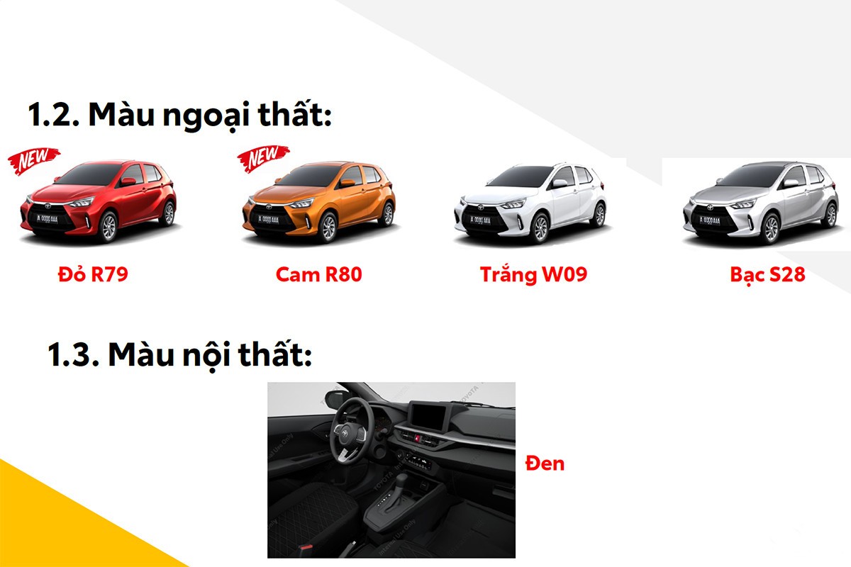 Các màu sắc nội ngoại thất của Toyota Wigo 2023. Các màu sắc nội ngoại thất của Toyota Wigo 2023.
