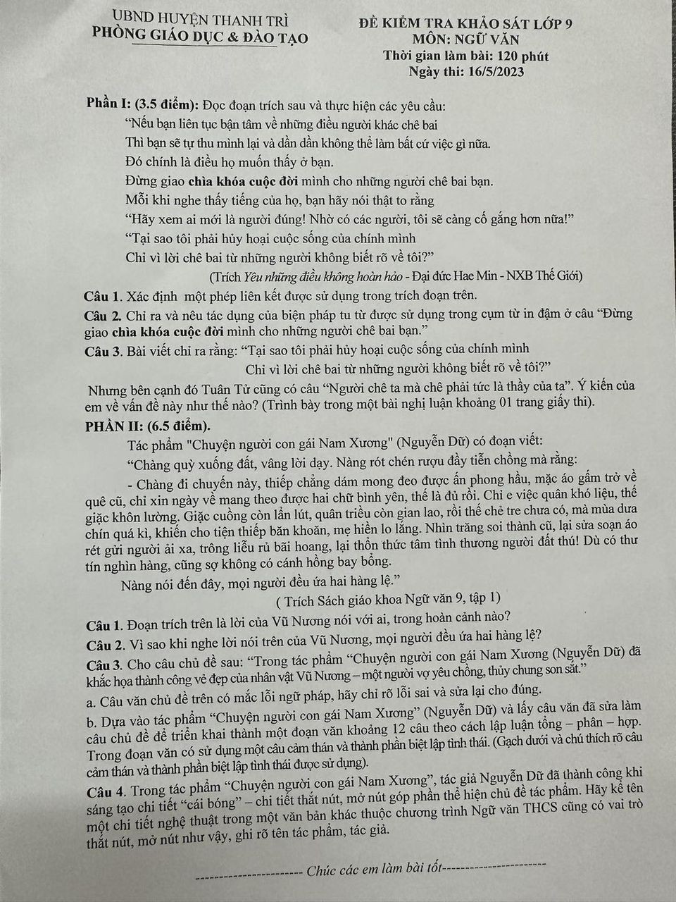 Hà Nội: Đề thi thử, đáp án môn Văn lớp 10 của huyện Thanh Trì Hà Nội: Đề thi thử, đáp án môn Văn lớp 10 của huyện Thanh Trì