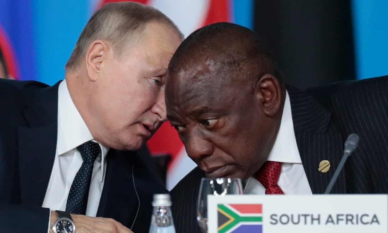 Russian president, Vladimir Putin, speaks to his South African counterpart, Cyril Ramaphosa, in 2019. Photograph: Sergei Chirikov/AP Russian president, Vladimir Putin, speaks to his South African counterpart, Cyril Ramaphosa, in 2019. Photograph: Sergei Chirikov/AP