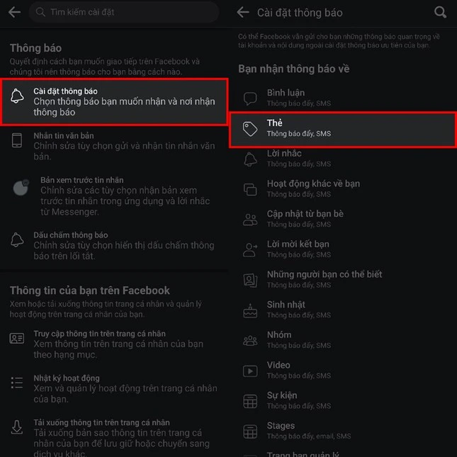 Chọn vào mục Thẻ