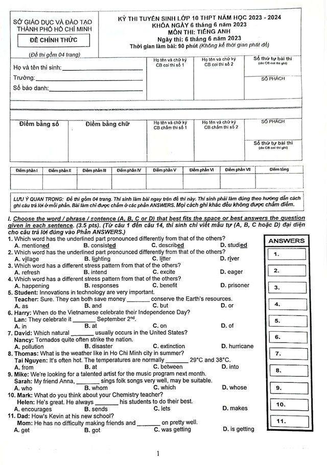 Đề thi Tiếng Anh lớp 10 tại TP. Hồ Chí Minh Đề thi Tiếng Anh lớp 10 tại TP. Hồ Chí Minh