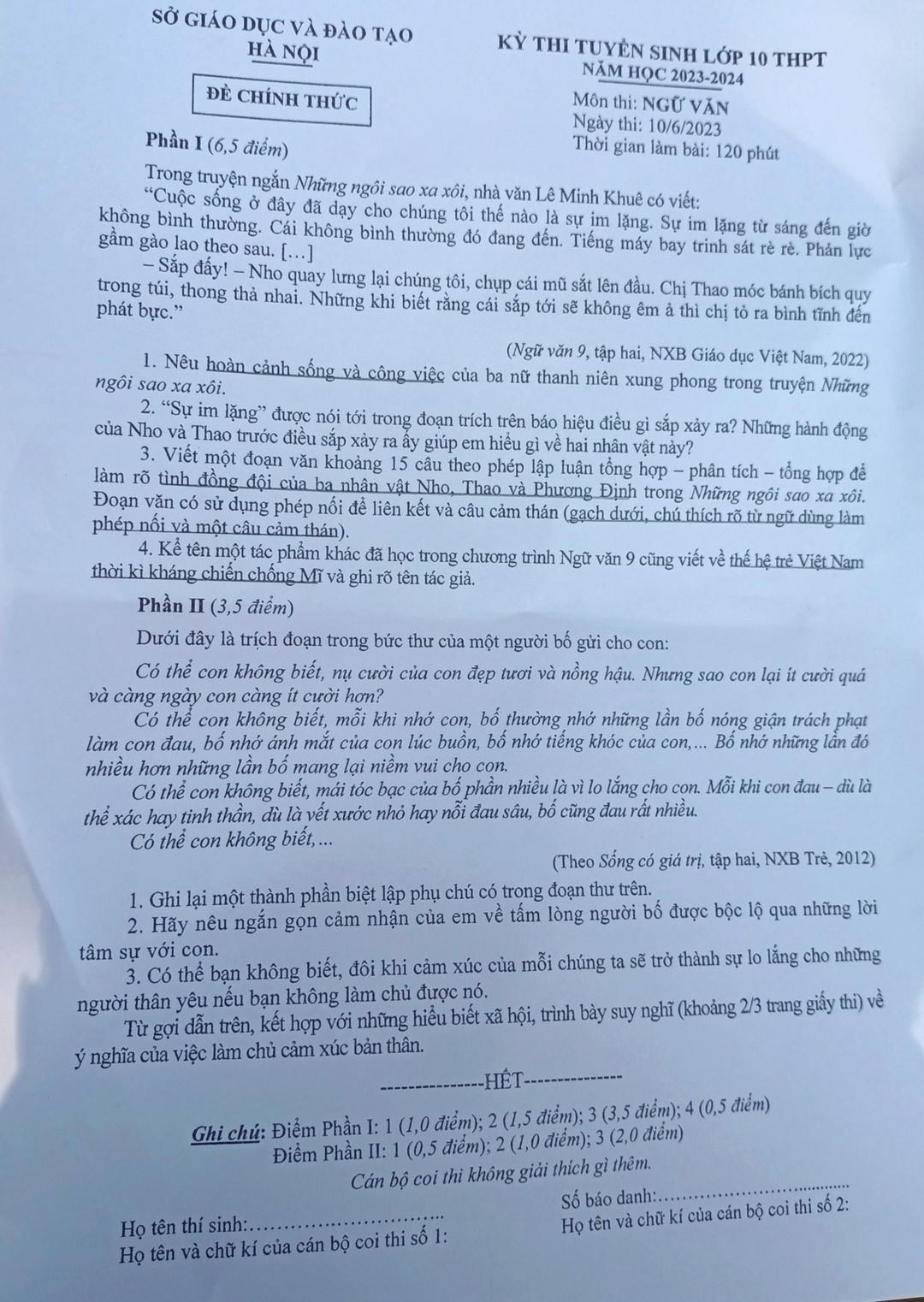 Đáp án gợi ý môn Ngữ văn thi lớp 10 ở Hà Nội năm 2023