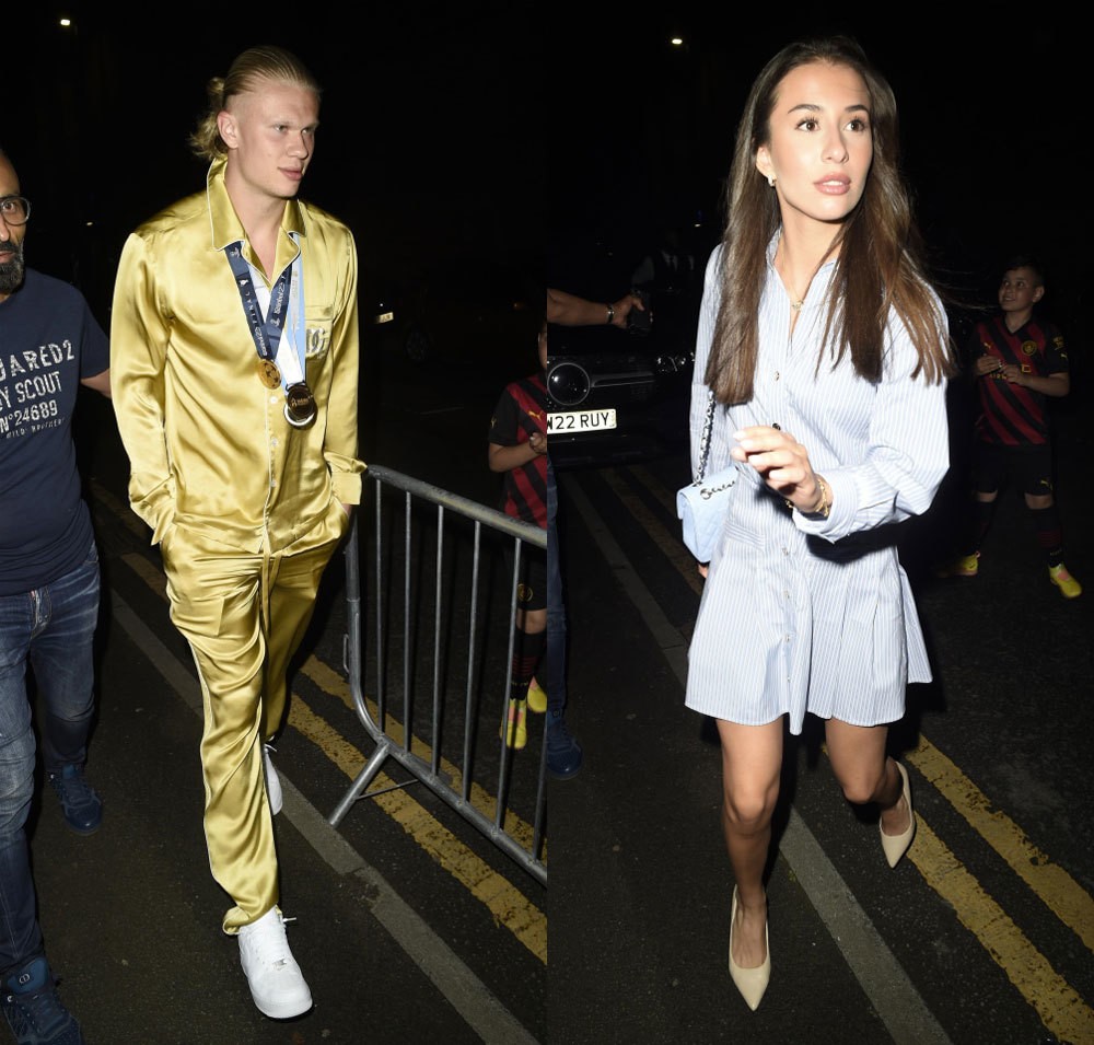 Sau lễ diễu hành mừng mùa giải thành công rực rỡ, Erling Haaland và các đồng đội Man City kéo nhau tới hộp đêm Depot Mayfield ở Manchester tiếp tục cuộc vui. Tiền đạo người Na Uy mặc pyjama lụa của Dolce & Gabbana, đeo cả 3 huy chương trên cổ. Bạn gái Haaland mặc váy sơmi đi cùng anh.