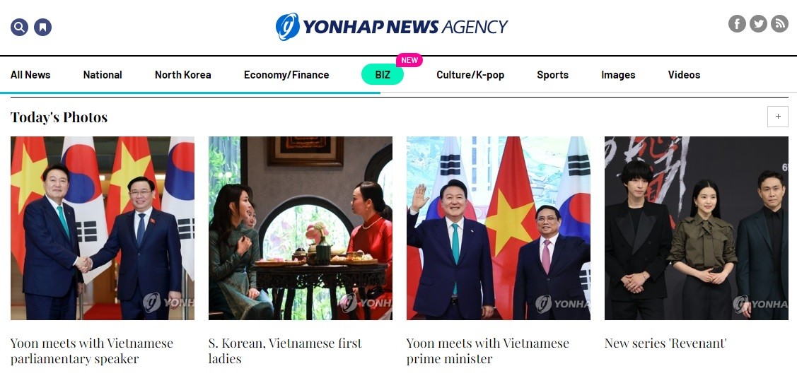 Trên trang chủ Hãng tin Yonhap, Báo chí Hàn Quốc đưa tin đậm nét về chuyến thăm Việt Nam của Tổng thống Yoon Suk Yeol Trên trang chủ Hãng tin Yonhap, Báo chí Hàn Quốc đưa tin đậm nét về chuyến thăm Việt Nam của Tổng thống Yoon Suk Yeol
