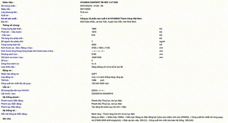 Thông tin cơ bản của Santa Fe hybrid đã xuất hiện trên website của Cục Đăng kiểm Việt Nam.
