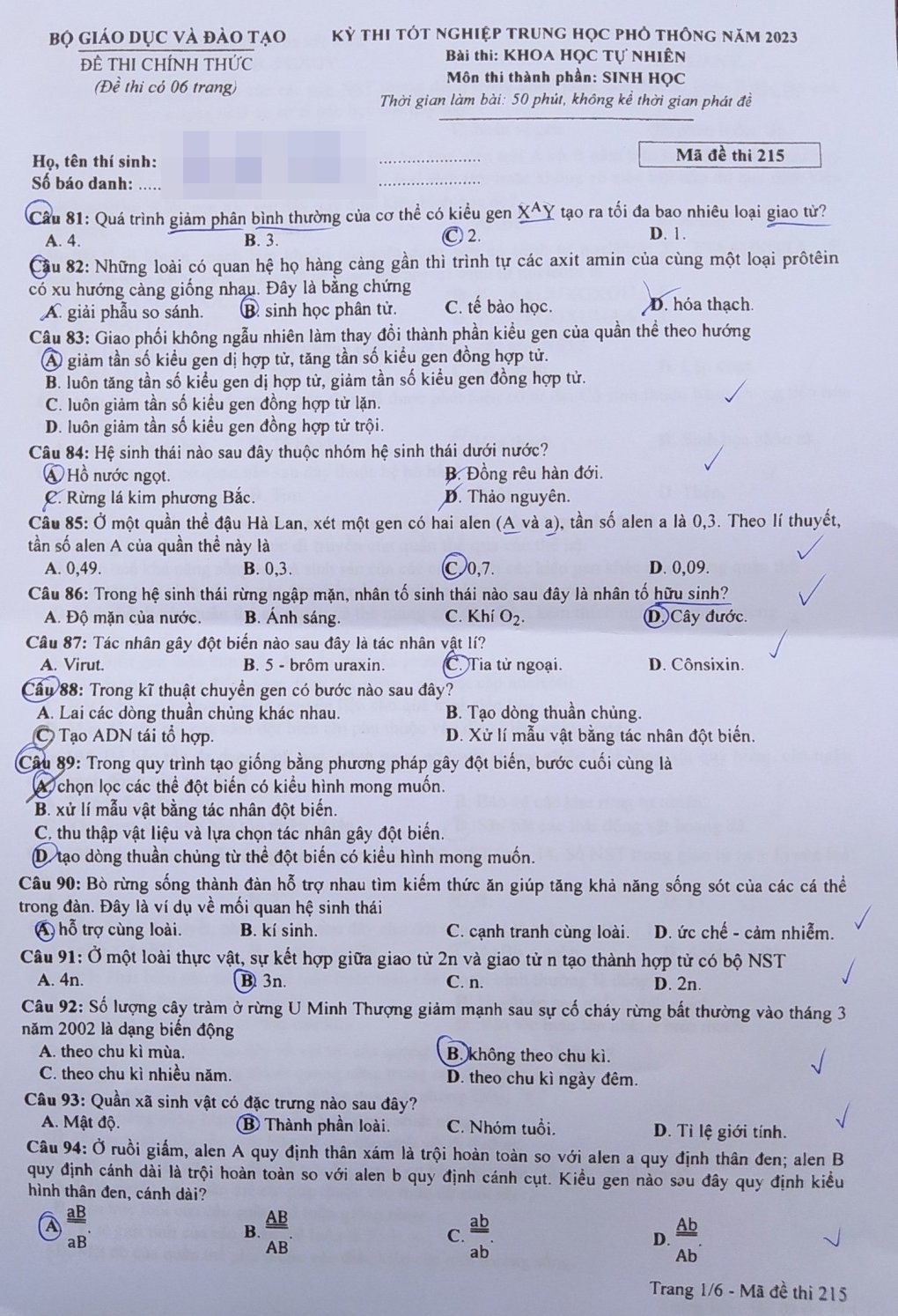 Đề thi chính thức môn Sinh học kỳ thi tốt nghiệp THPT 2023 Đề thi chính thức môn Sinh học kỳ thi tốt nghiệp THPT 2023