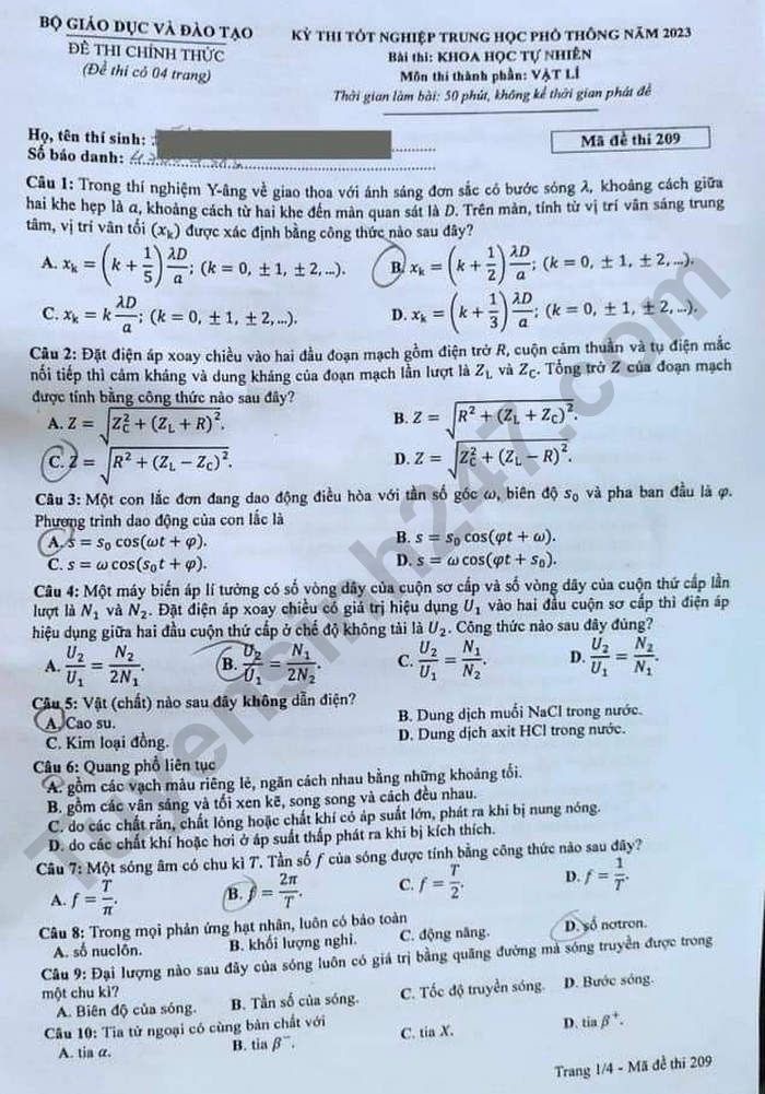 Đề và đáp án môn Vật lý thi tốt nghiệp THPT 2023