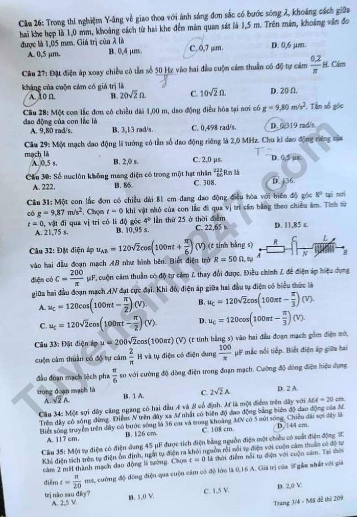 Đề và đáp án môn Vật lý thi tốt nghiệp THPT 2023