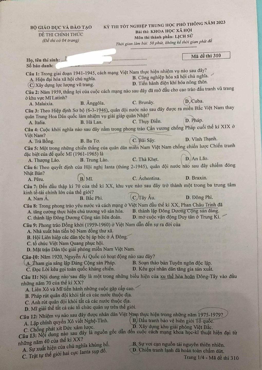 Thi tốt nghiệp THPT 2023: Đề thi chính thức môn Lịch sử Thi tốt nghiệp THPT 2023: Đề thi chính thức môn Lịch sử
