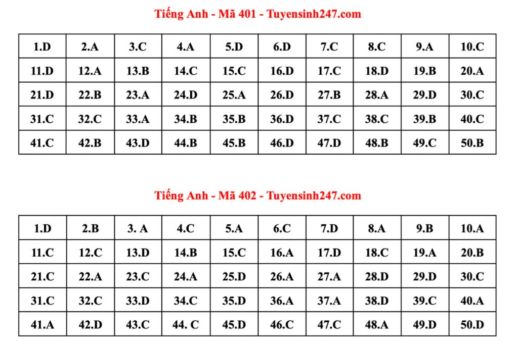 Đáp án tham khảo 24 mã đề thi Tiếng Anh tốt nghiệp THPT 2023 Đáp án tham khảo 24 mã đề thi Tiếng Anh tốt nghiệp THPT 2023