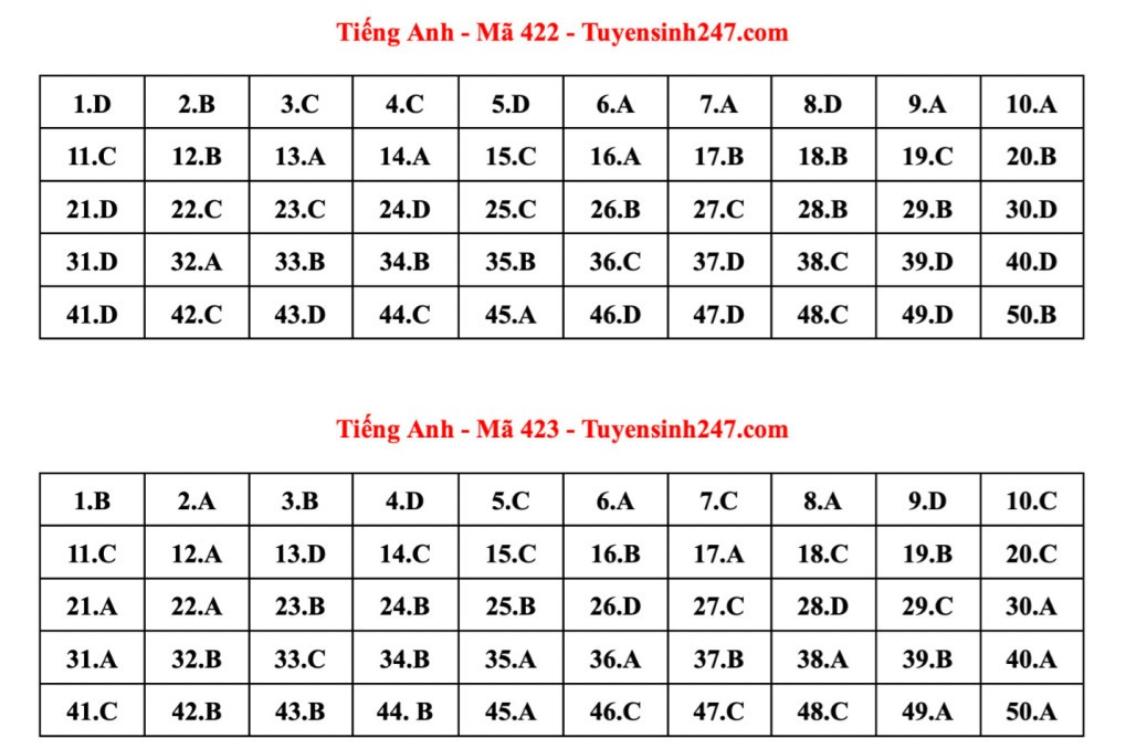 Đáp án tham khảo 24 mã đề thi Tiếng Anh tốt nghiệp THPT 2023 Đáp án tham khảo 24 mã đề thi Tiếng Anh tốt nghiệp THPT 2023