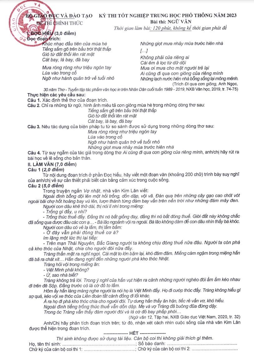 Công bố đáp án chính thức môn Ngữ văn thi tốt nghiệp THPT 2023 Công bố đáp án chính thức môn Ngữ văn thi tốt nghiệp THPT 2023