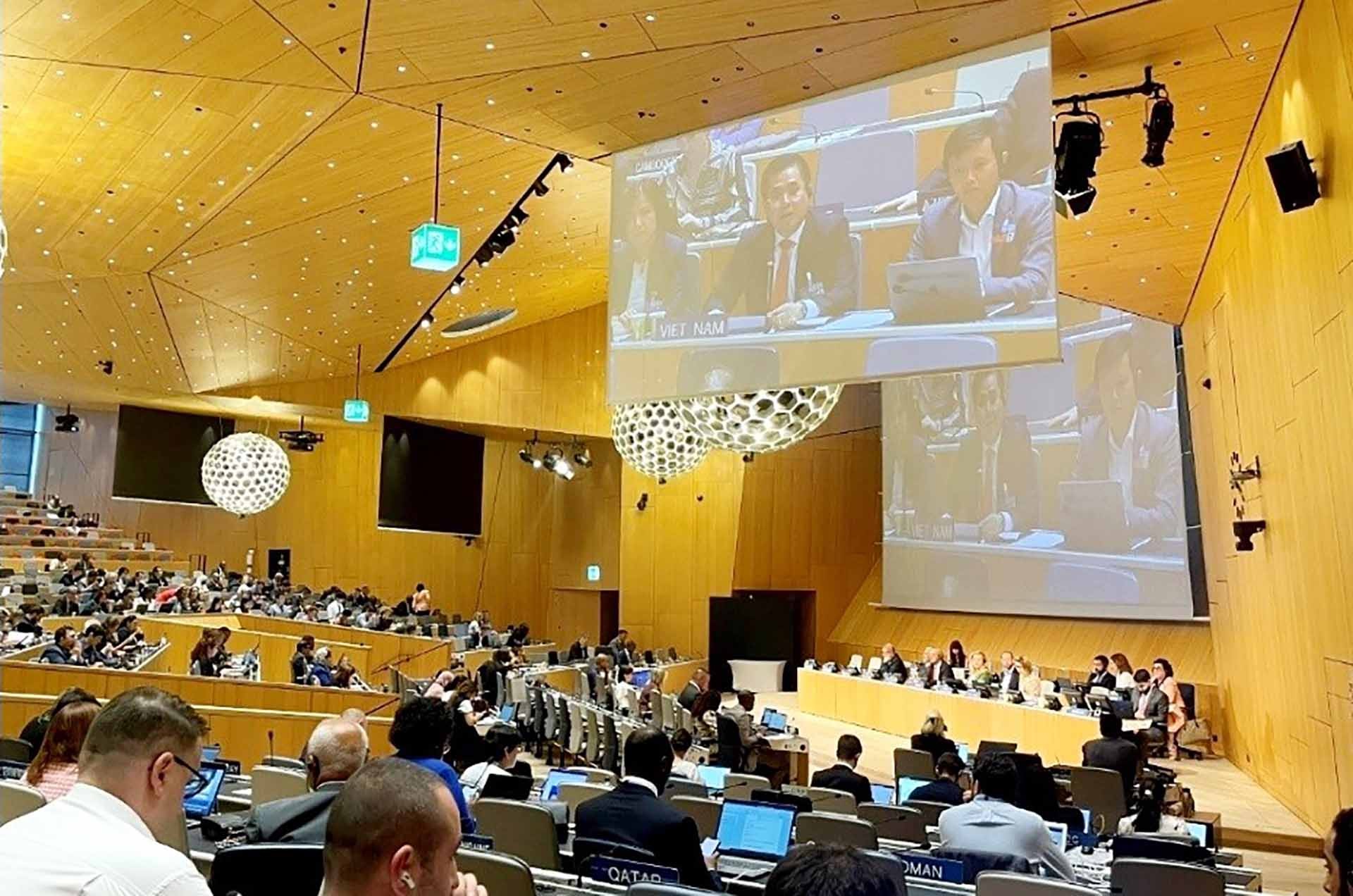 Thứ trưởng Bộ Khoa học và Công nghệ Nguyễn Hoàng Giang thay mặt đoàn đại biểu Việt Nam phát biểu tại Đại hội đồng WIPO, Geneva ngày 11/7. (Nguồn: Bộ KH&CN)