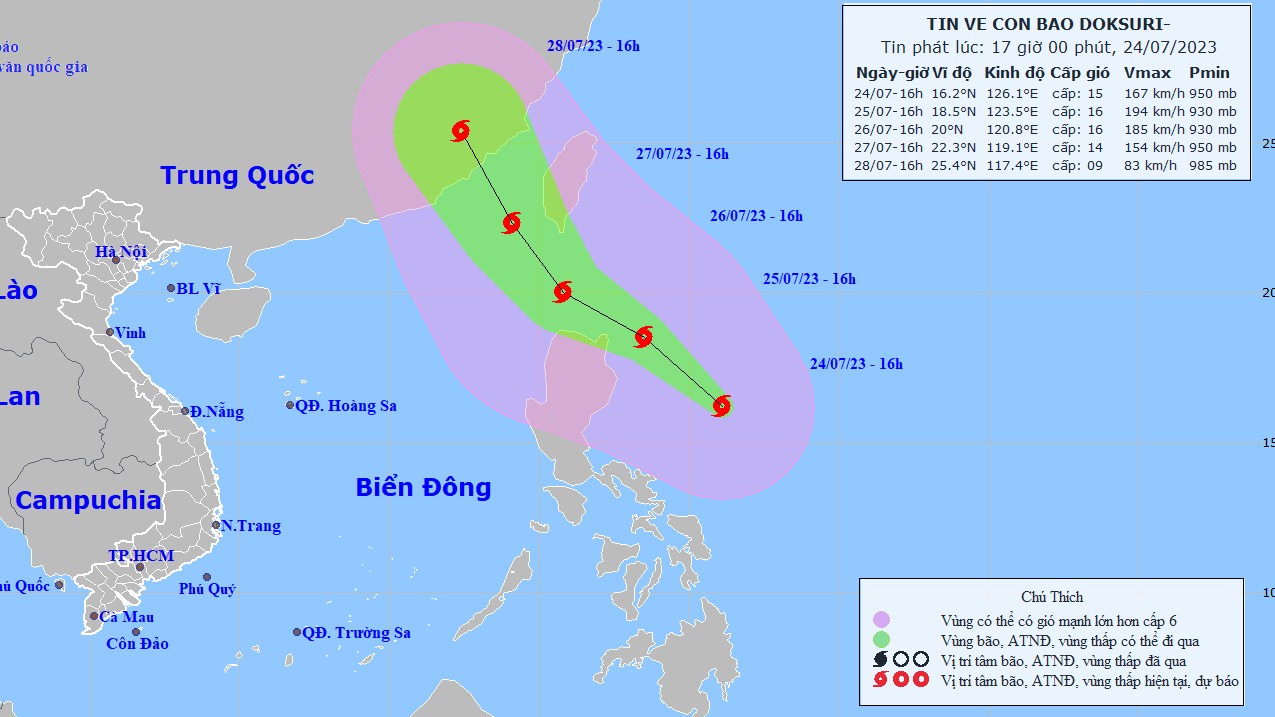 Dự báo: Bão Doksuri mạnh thêm, di chuyển theo hướng Tây Bắc, gió giật trên cấp 17, Bắc Biển Đông sóng cao 5-7m