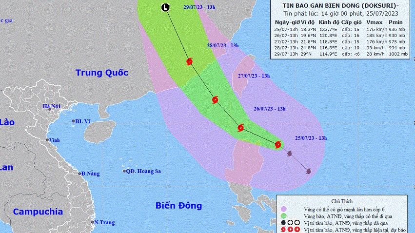 Dự báo: Trong 24 giờ tới, bão Doksuri di chuyển theo hướng Tây Tây Bắc, có khả năng mạnh thêm
