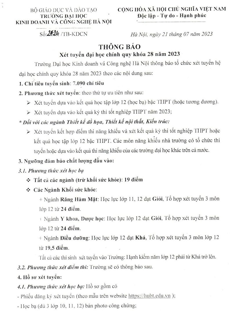 Trường Đại học Kinh doanh và Công nghệ Hà Nội thông báo xét tuyển đại học chính quy Khoá 28 năm 2023