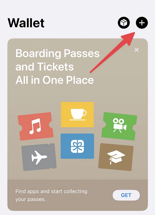 Mở ứng dụng ví Apple Pay trên iPhone, iPad lên và ấn vào dấu cộng như hình. Mở ứng dụng ví Apple Pay trên iPhone, iPad lên và ấn vào dấu cộng như hình.