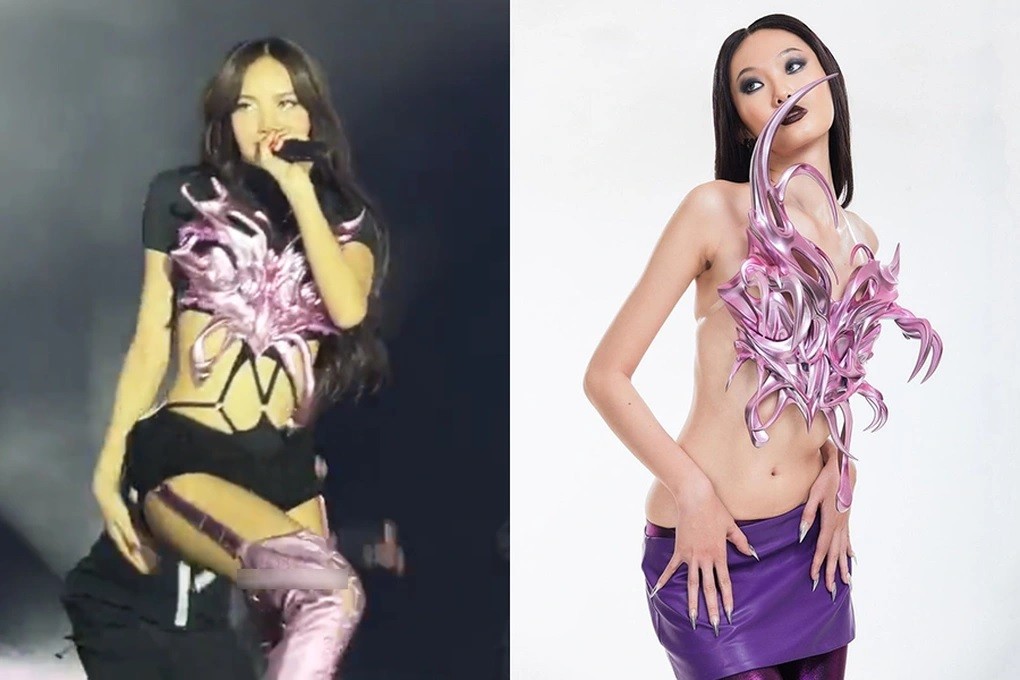 Ca sĩ Lisa BlackPink mặc mẫu áo khoe eo thon của thương hiệu thời trang Việt La Lune. (Nguồn: @LIS4NTHEM, @_lalune_official_)