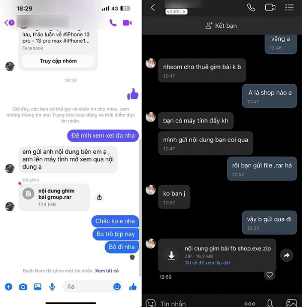 Đối tượng lừa đảo gửi tệp tin chứa mã độc thông qua tin nhắn, nhằm chiếm đoạt tài khoản Facebook. Đối tượng lừa đảo gửi tệp tin chứa mã độc thông qua tin nhắn, nhằm chiếm đoạt tài khoản Facebook.
