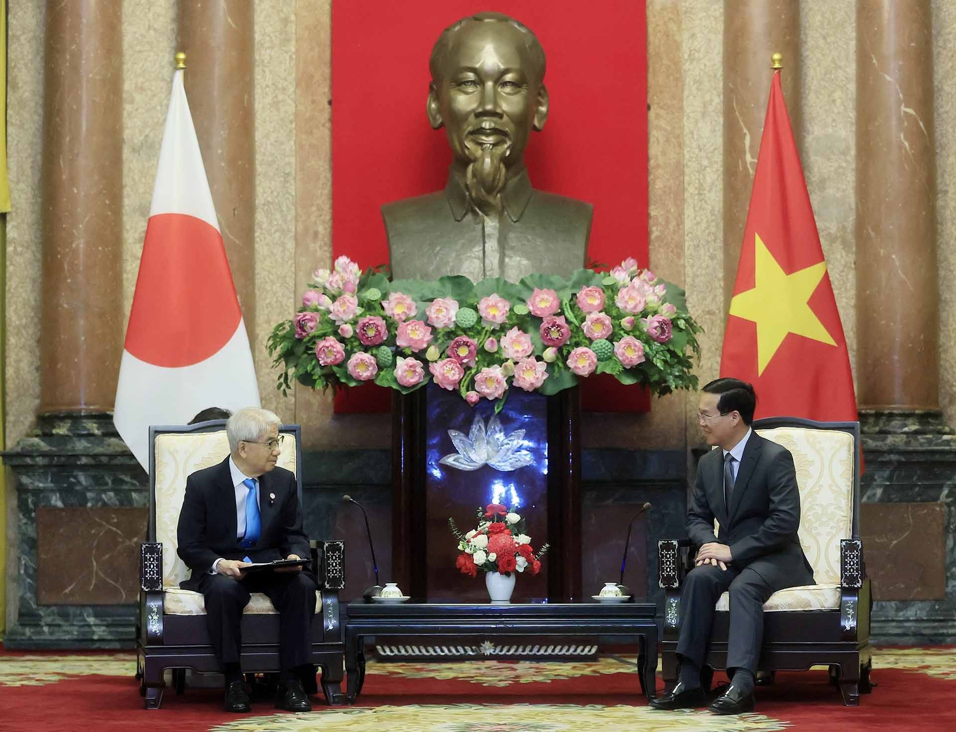 Chủ tịch nước Võ Văn Thưởng tiếp Chủ tịch Thượng viện Nhật Bản Otsuji Hidehisa. (Nguồn: TTXVN)