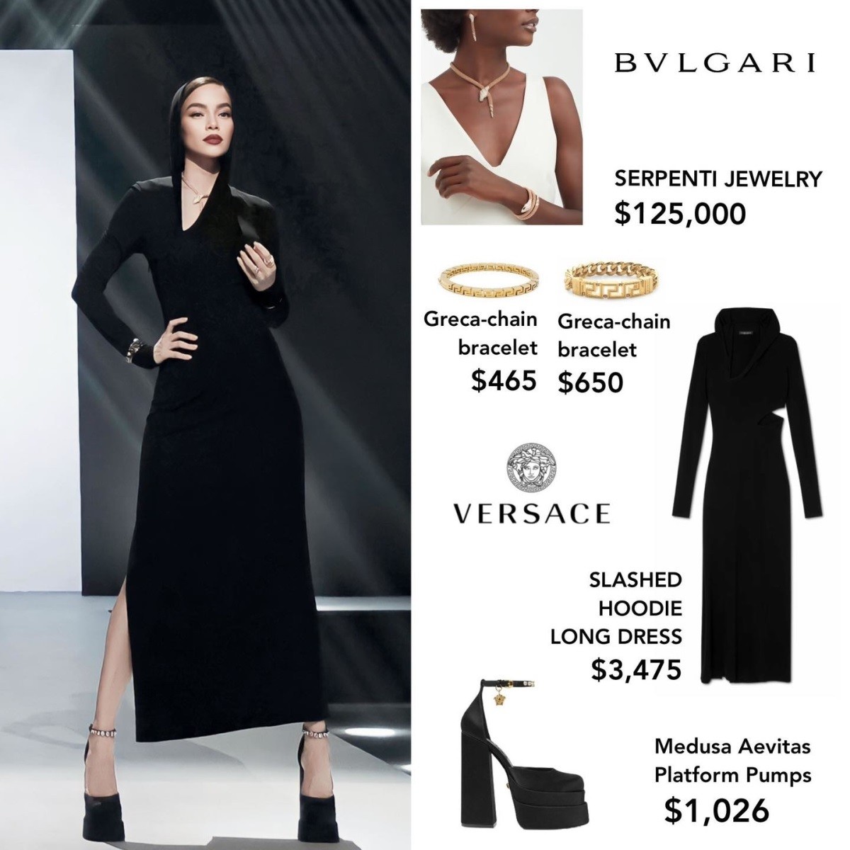 Trong phần chọn thí sinh của The New Mentor, bà mẹ 3 con mặc trang phục đơn giản nhưng đắt đỏ không kém, tổng trị giá hơn 3 tỷ đồng. Trong đó, riêng bộ trang sức Bvlgari có giá đến 125.000 USD (khoảng 2,9 tỷ đồng). 