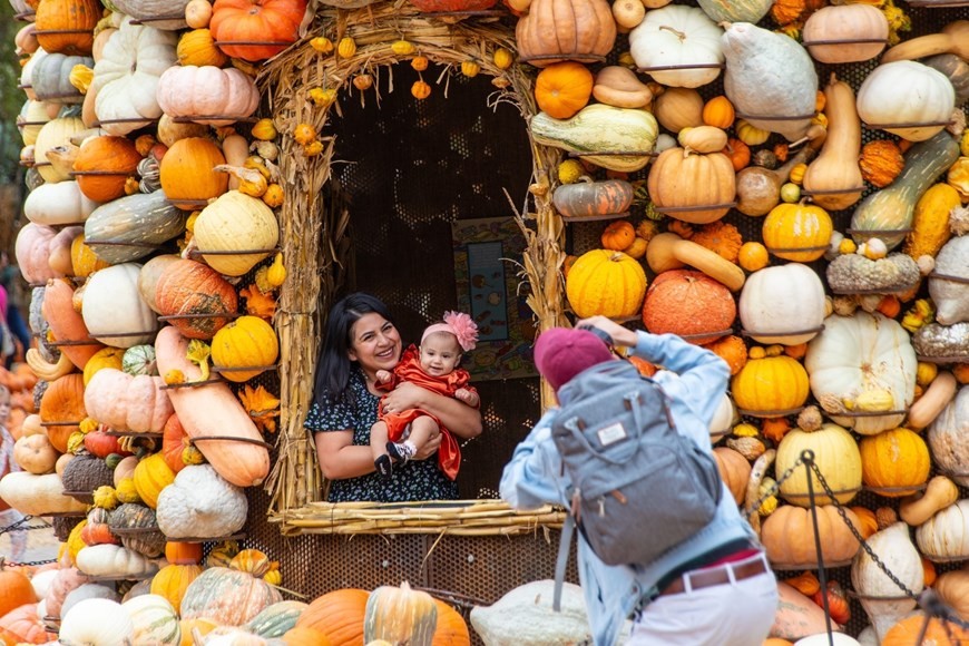 Du khách thích thú chụp ảnh trong những ngôi nhà được làm từ bí ngô.