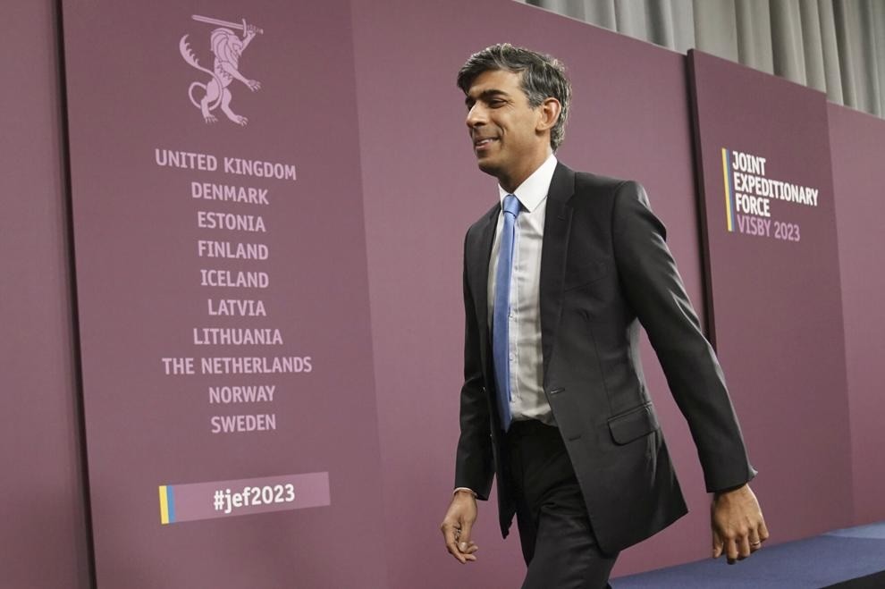 Thủ tướng Anh Rishi Sunak tham dự Hội nghị thượng đỉnh viễn chinh chung (JEF) trên đảo Gotland của Baltic, Thụy Điển, ngày 13/10. (Nguồn: AP) Thủ tướng Anh Rishi Sunak tham dự Hội nghị thượng đỉnh viễn chinh chung (JEF) trên đảo Gotland của Baltic, Thụy Điển, ngày 13/10. (Nguồn: AP)