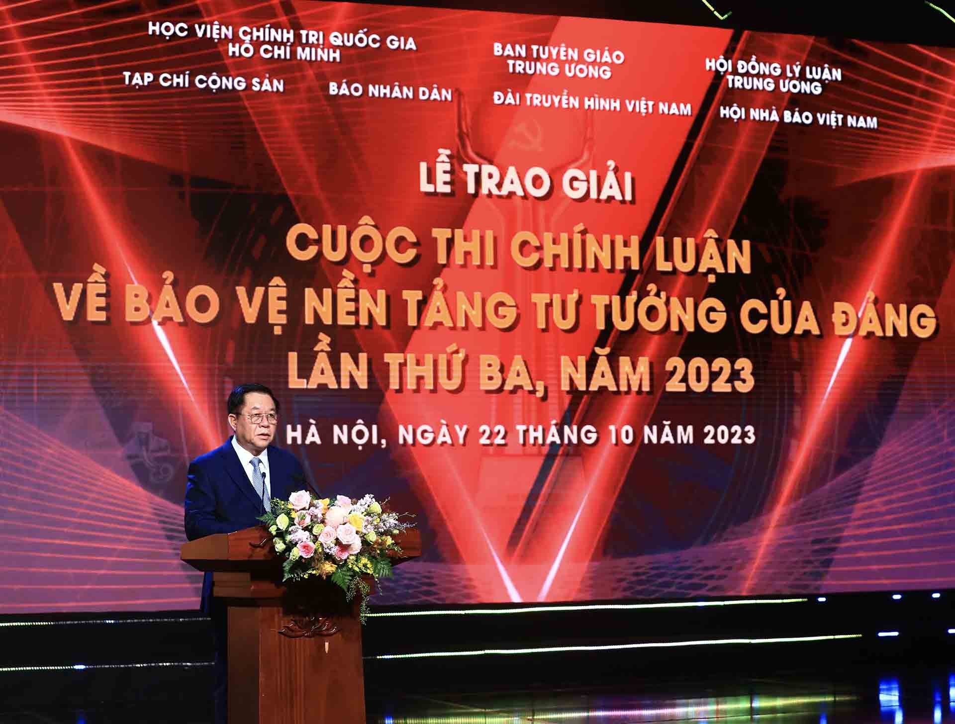 Trưởng ban Tuyên giáo Trung ương Nguyễn Trọng Nghĩa - Phó Trưởng Ban Chỉ đạo 35 Trung ương phát biểu tổng kết Cuộc thi năm 2023 và phát động Cuộc thi lần thứ tư. (Nguồn: TTXVN)